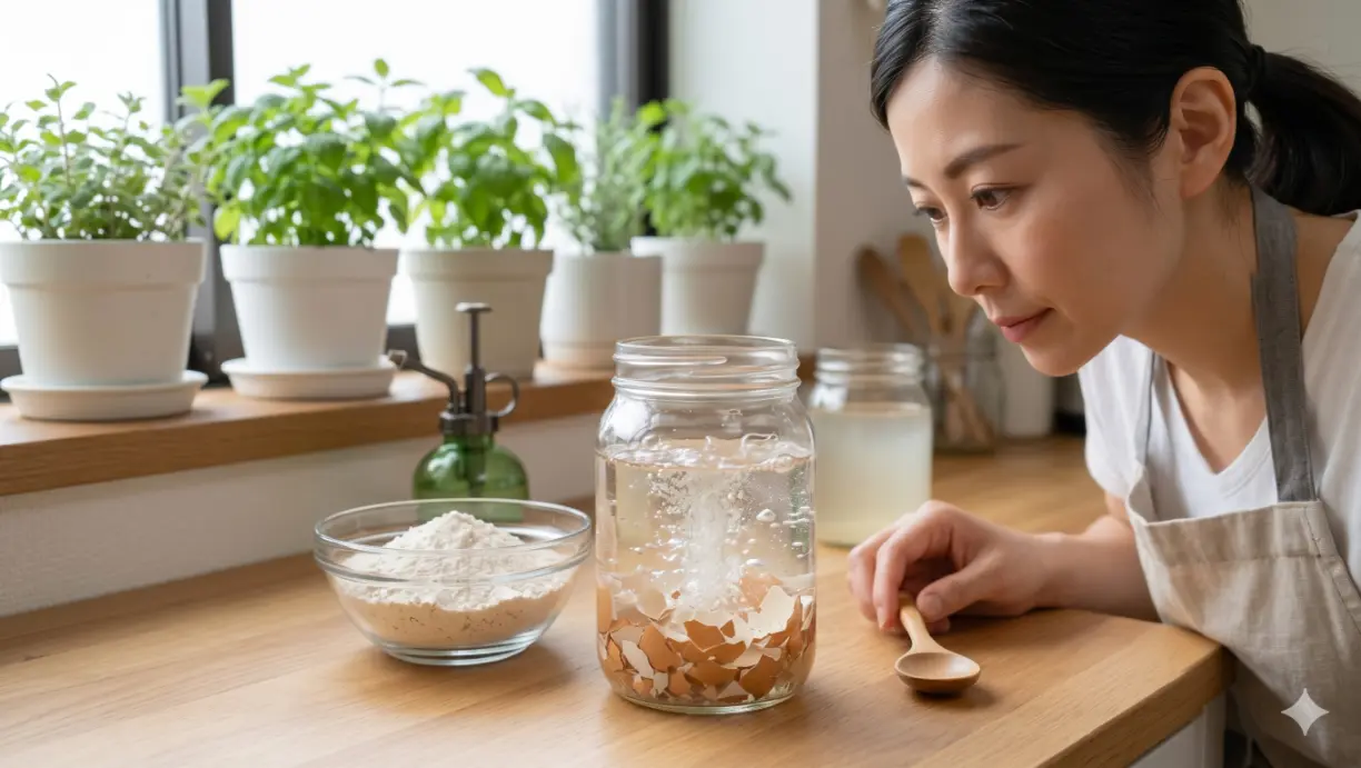 日本の家庭のキッチンで、瓶に入れた砕いた卵の殻と醸造酢が反応し、泡を立てて酢酸カルシウム（卵酢）が作られている様子。奥には完成した液肥と葉面散布のスプレー。