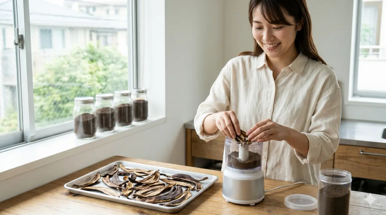 明るいキッチンで、日本人女性が乾燥させたバナナの皮をフードプロセッサーで粉末にする様子。窓際で天日干しされカラカラになった皮（画像1と関連）がトレイに乗り、完成した粉末肥料は密閉ガラス瓶に収納されている。水分を飛ばすことで腐敗と虫を防ぎ、長期保存できる即効性肥料を作る工程を視覚的に伝える。