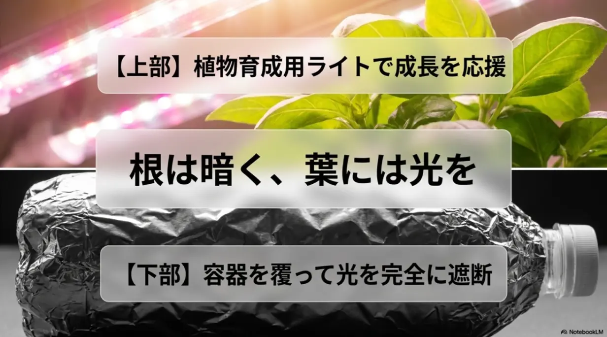 植物育成用ライトと遮光による室内水耕栽培の光対策
