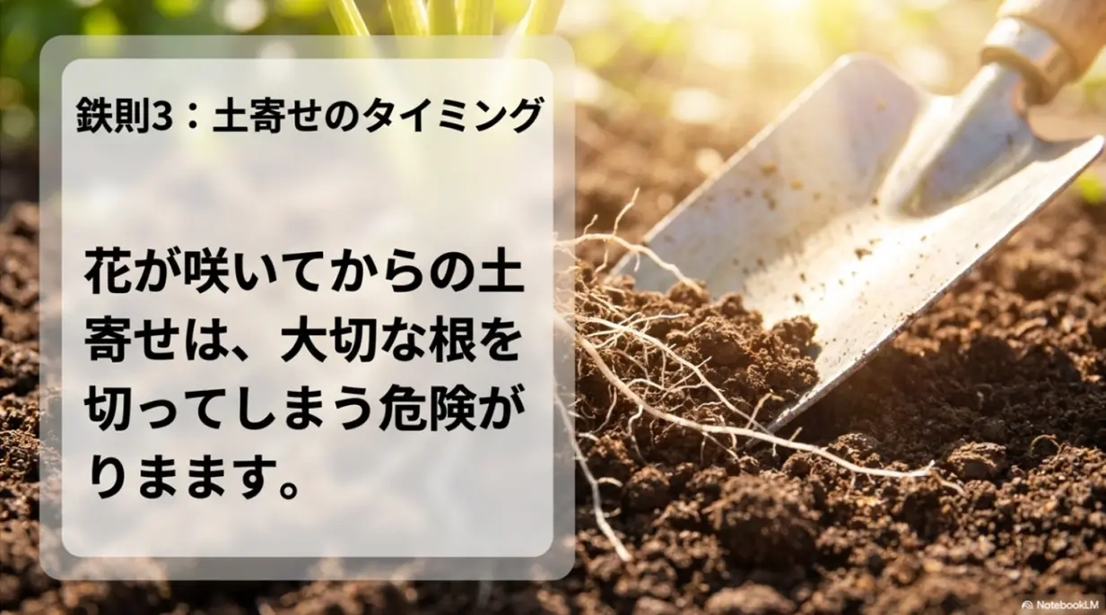 花が咲いてからの土寄せは根を切る危険がある