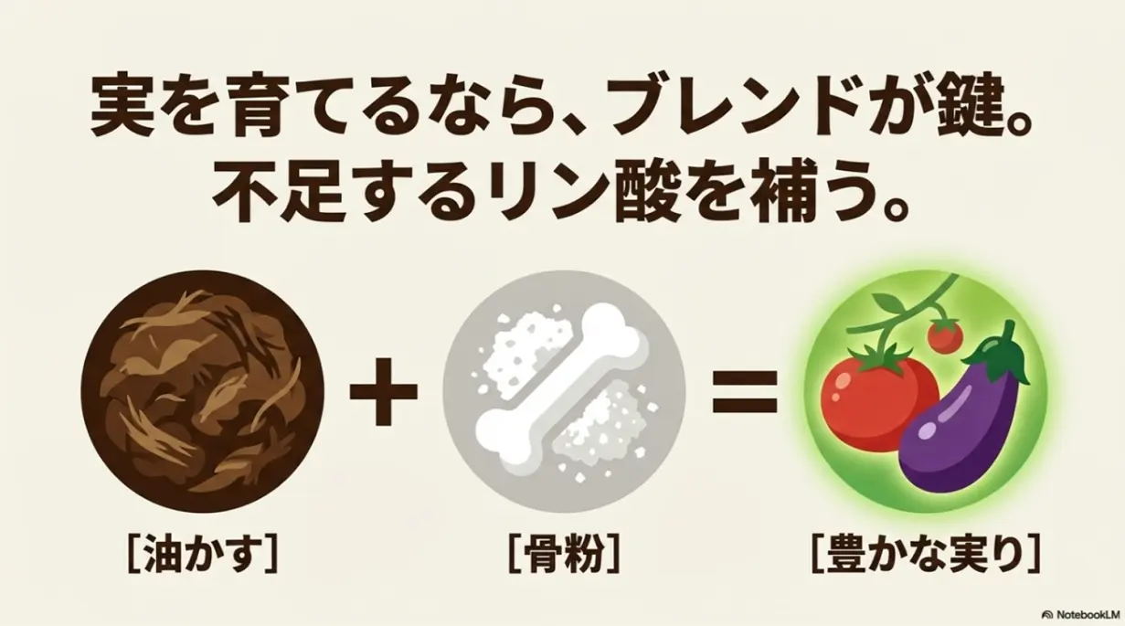 豊かな実りのために不足するリン酸を補う油かすと骨粉のブレンド
