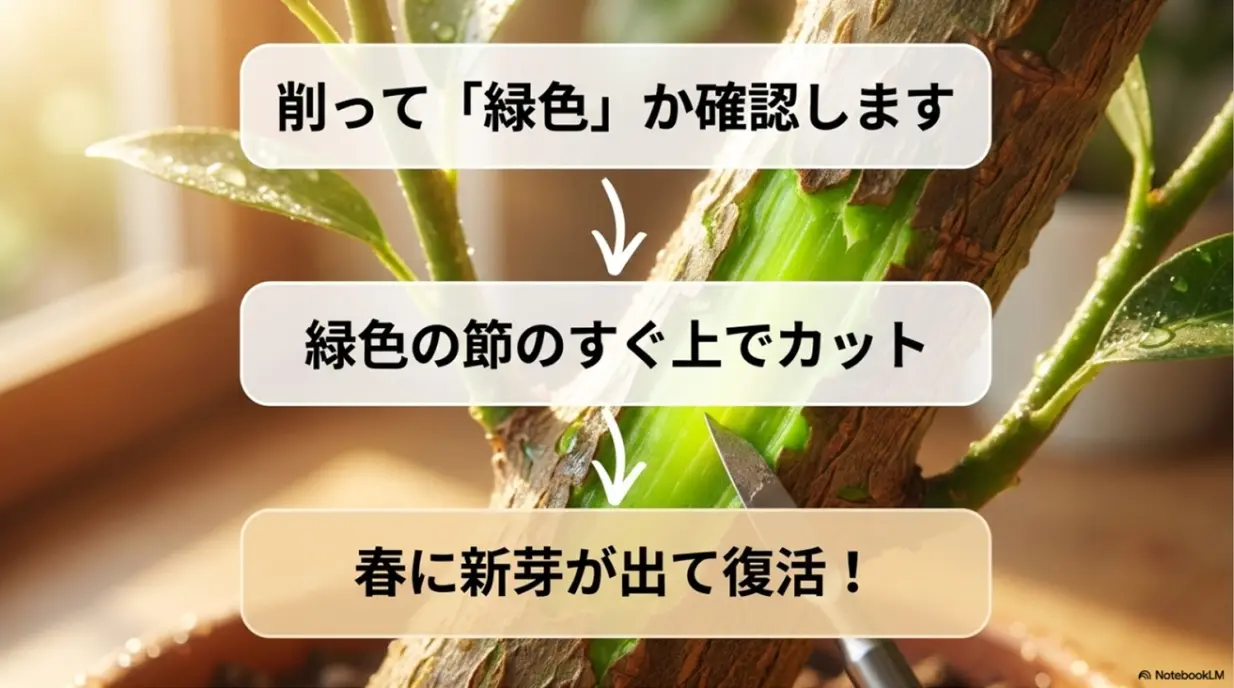 枝を削って緑色の節を確認し、そのすぐ上でカットすれば新芽が出て復活する