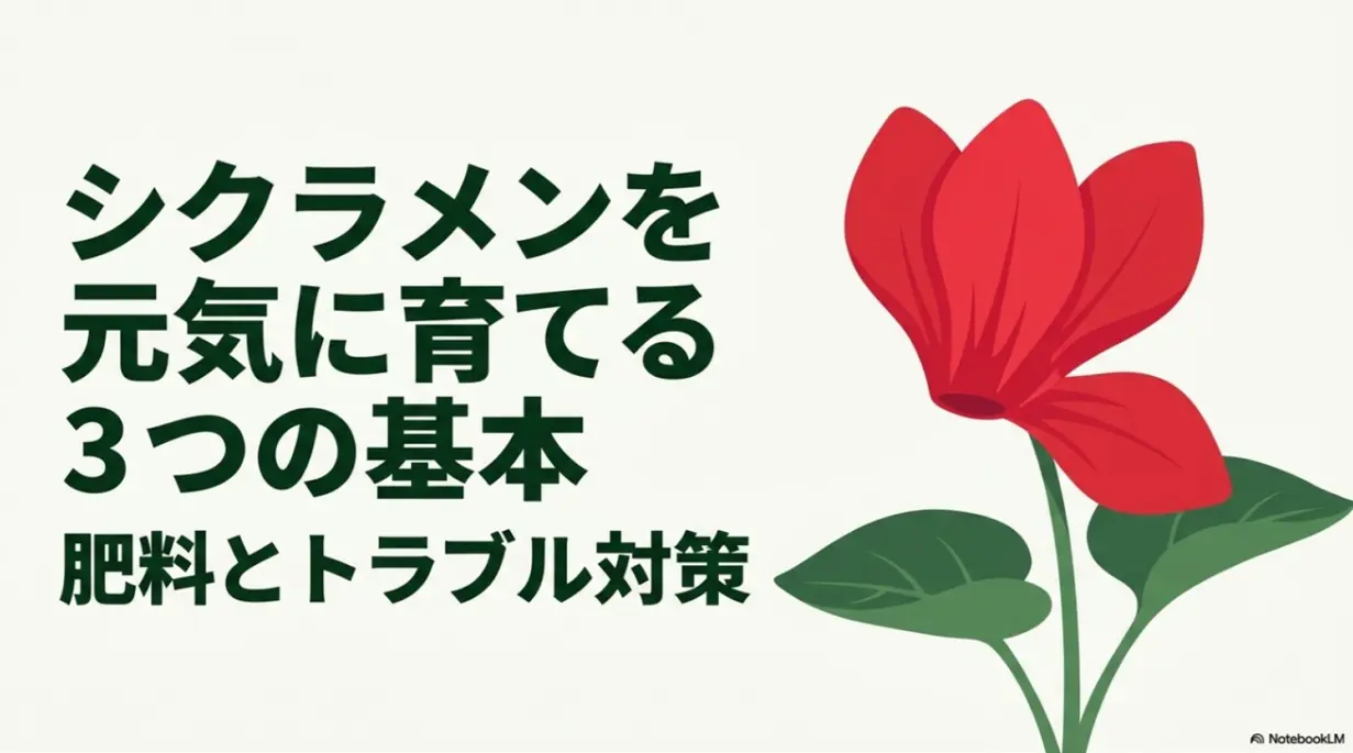 シクラメンを元気に育てる3つの基本である肥料とトラブル対策について解説したスライド表紙