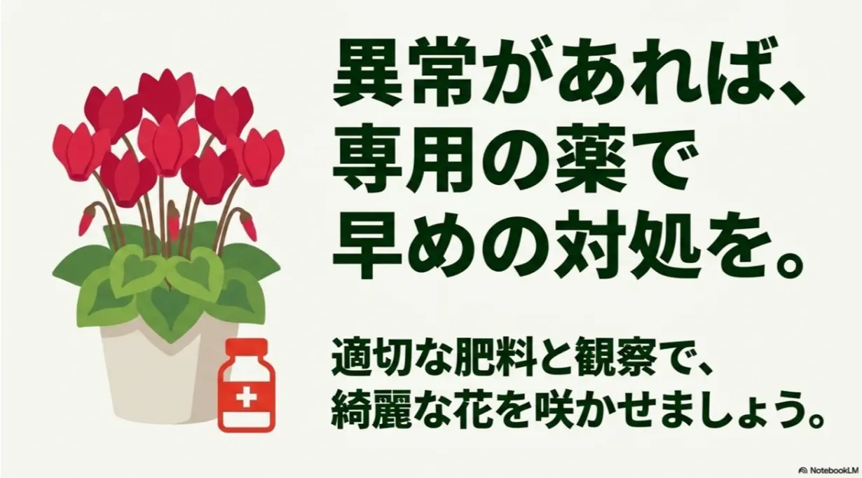 異常があれば専用の薬で早めに対処し、適切な肥料と観察で綺麗な花を咲かせましょうというまとめのメッセージ