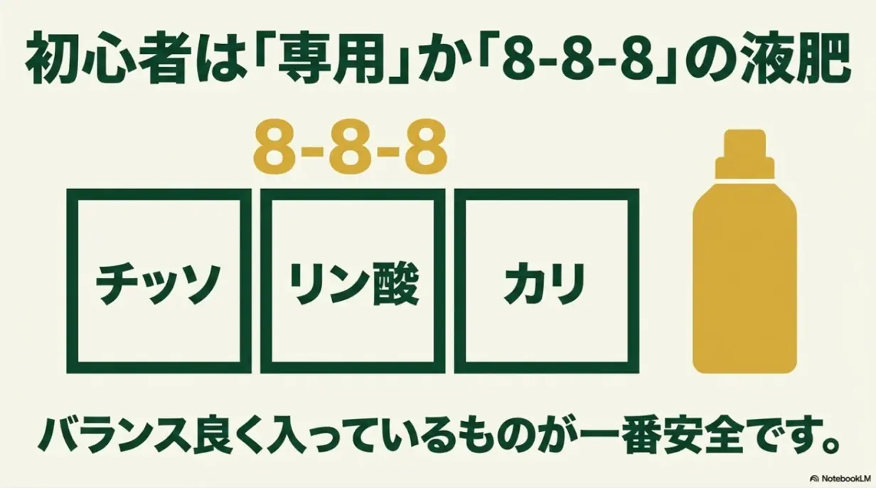 初心者におすすめなのはシクラメン専用肥料か、チッソ・リン酸・カリがバランス良く配合された8-8-8の液体肥料