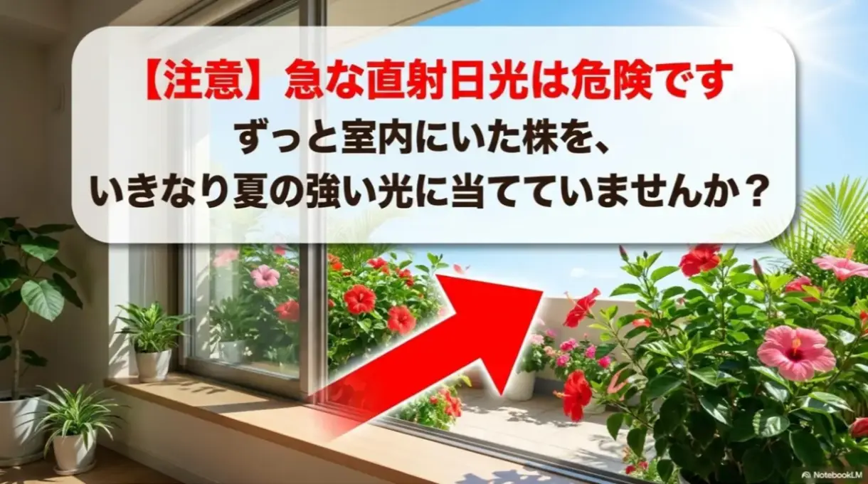 室内で育てたハイビスカスを急に夏の強い直射日光に当てることの危険性への注意喚起