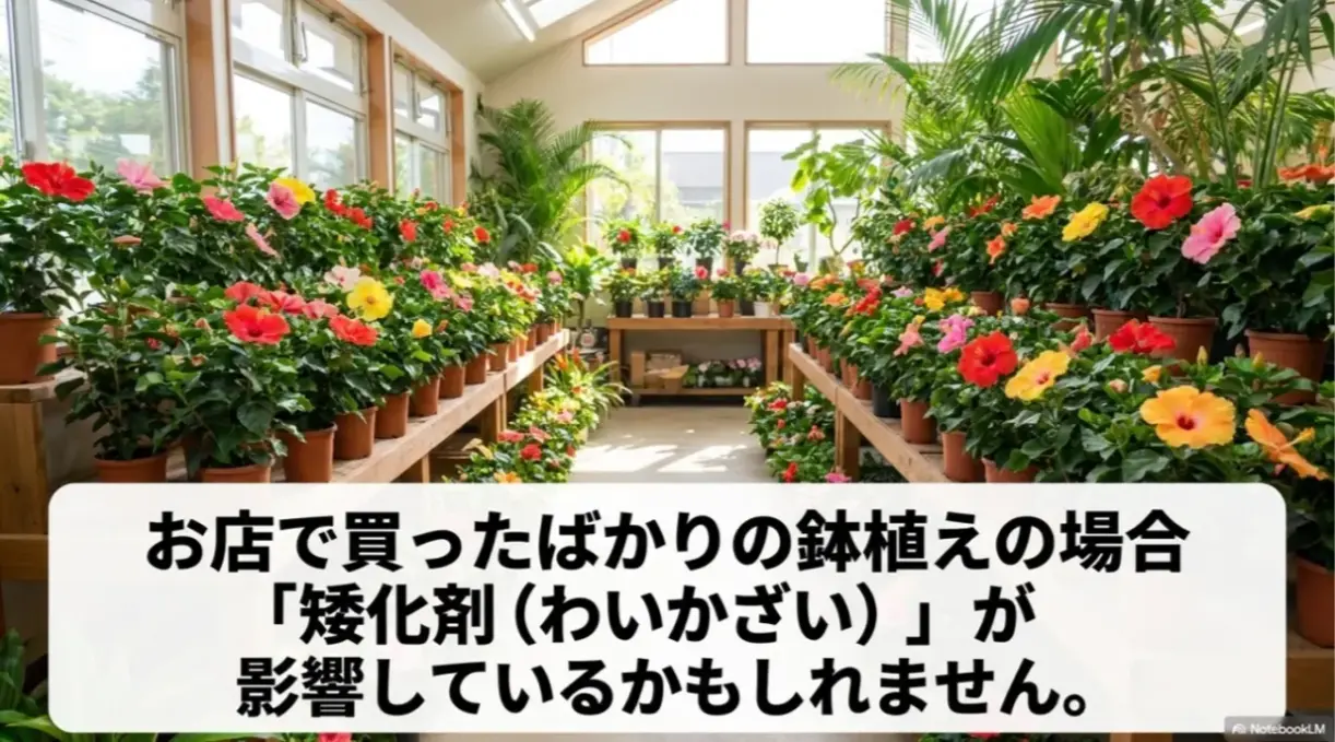 お店で買ったばかりのハイビスカスの鉢植えが咲かない原因となる矮化剤の影響について