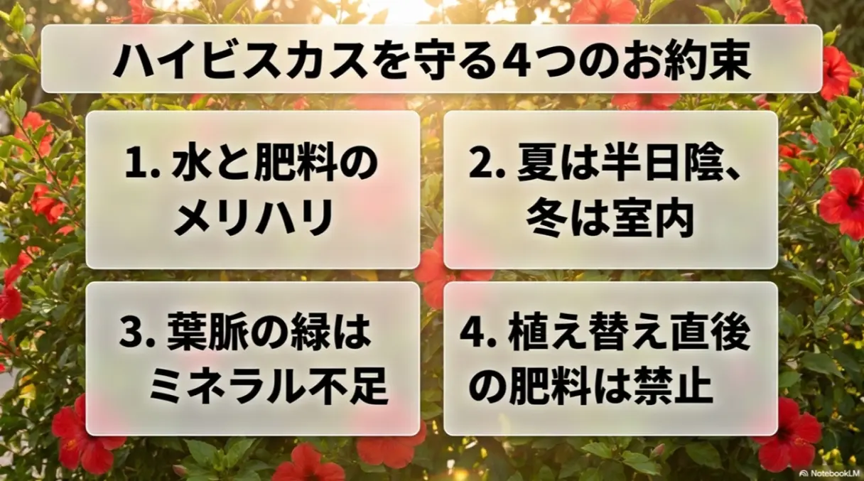 ハイビスカスを守る4つのお約束。水と肥料のメリハリ、夏冬の置き場所、ミネラル不足のサイン、植え替え後の肥料禁止。