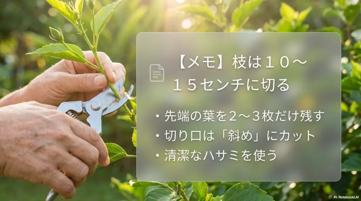 ハイビスカスの枝を10から15センチに切り、葉を残して斜めにカットする方法