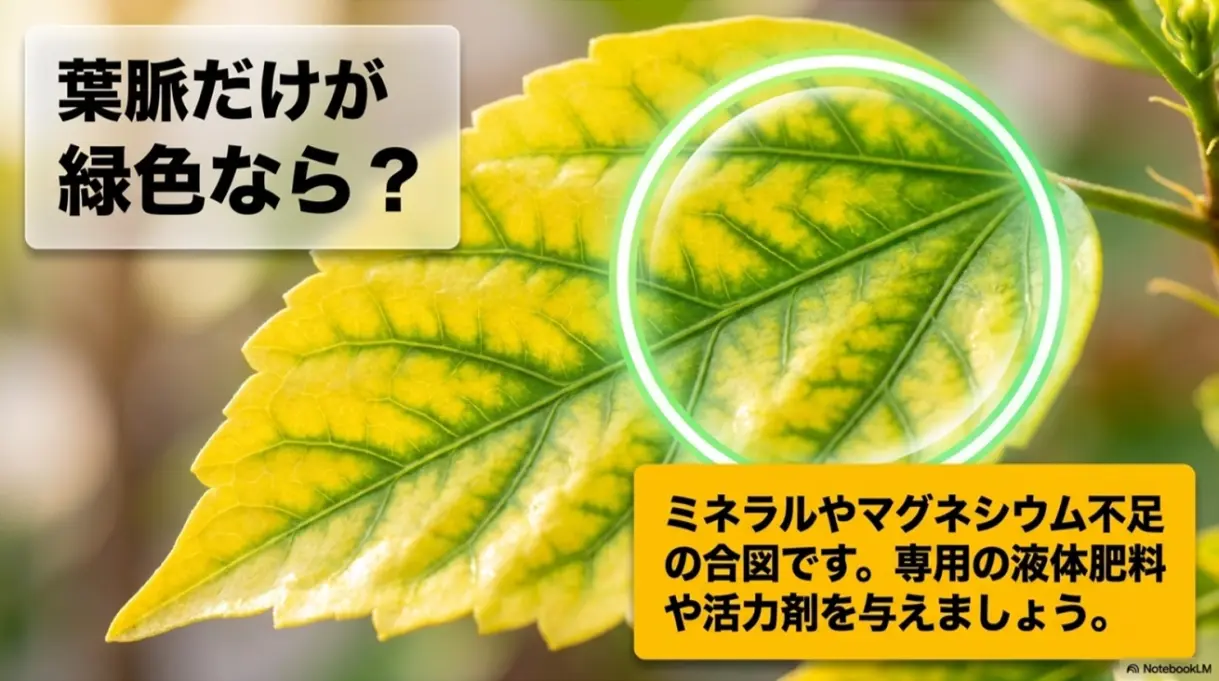葉脈だけが緑色の場合はミネラルやマグネシウム不足の合図。専用の液体肥料や活力剤を与えましょう。
