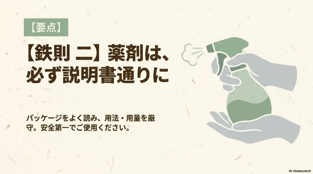 鉄則二、薬剤は必ず説明書通りに。パッケージをよく読み用法・用量を厳守して安全第一で使用するという要点スライド
