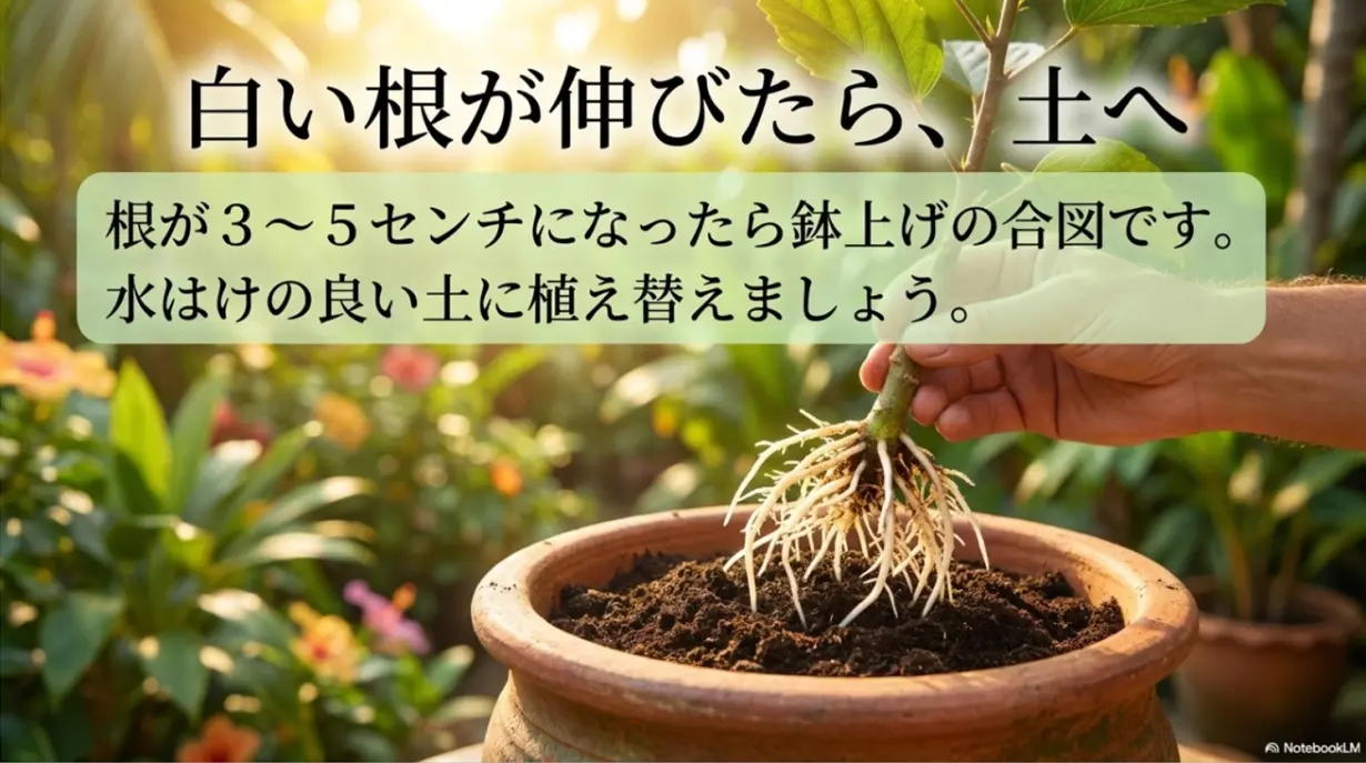 白い根が3から5センチ伸びたら水はけの良い土へ鉢上げする