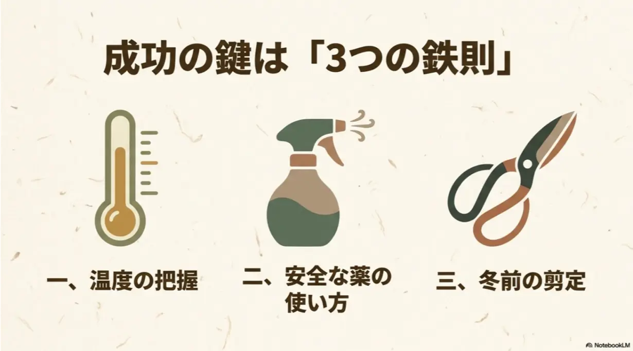 成功の鍵は3つの鉄則。一、温度の把握。二、安全な薬の使い方。三、冬前の剪定と書かれたスライド