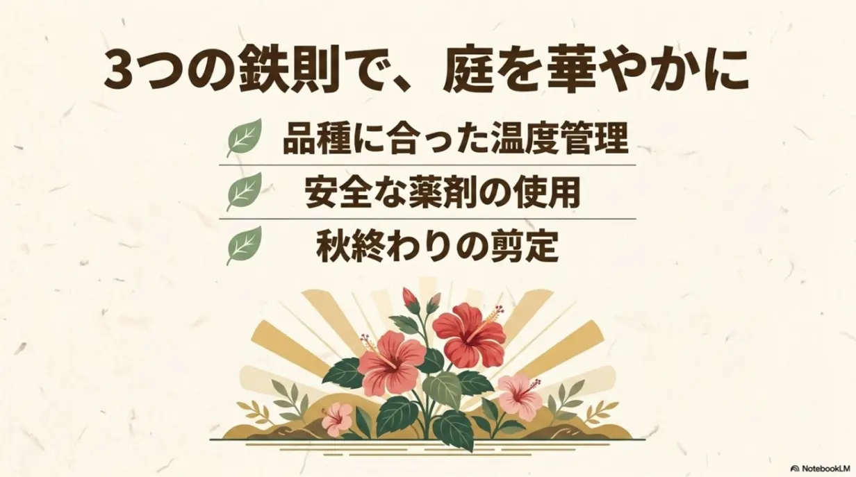 3つの鉄則で庭を華やかに。品種に合った温度管理、安全な薬剤の使用、秋終わりの剪定のまとめスライド