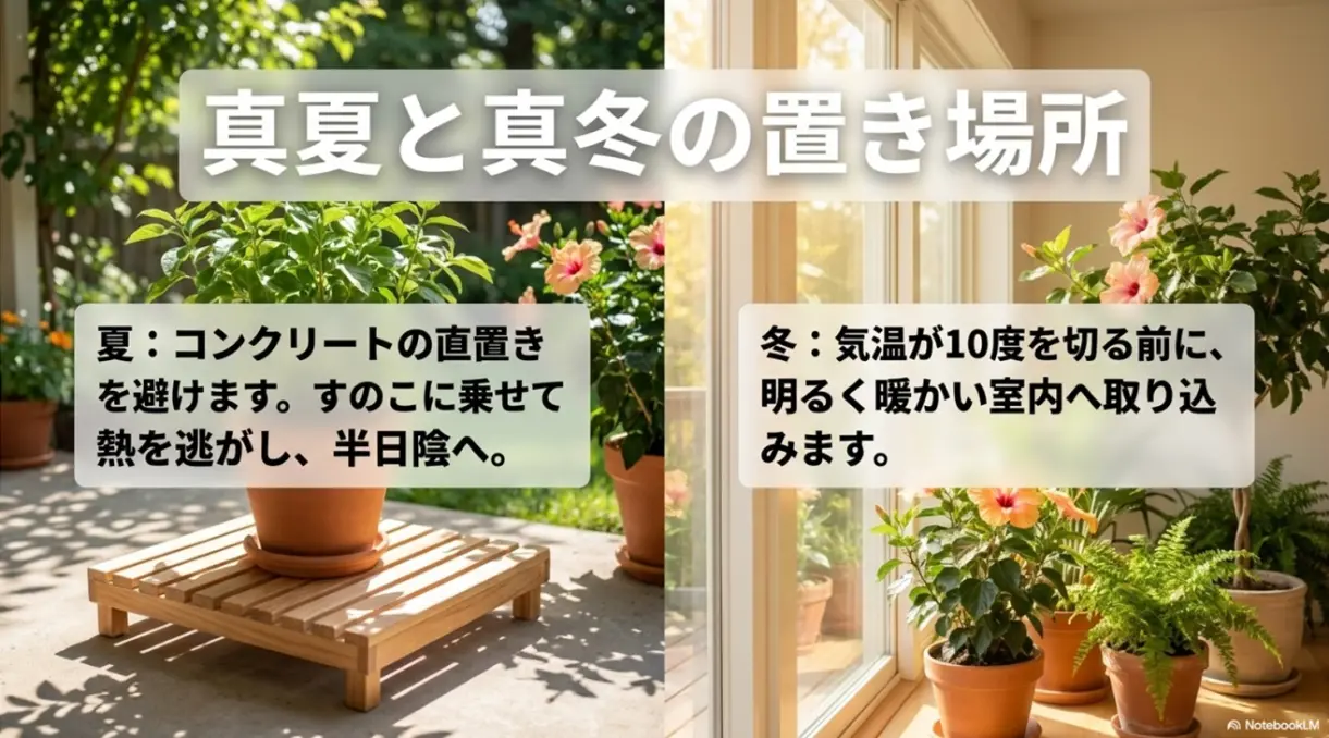 ハイビスカスの真夏と真冬の置き場所。夏はすのこに乗せ半日陰へ、冬は10度を切る前に明るい室内へ。