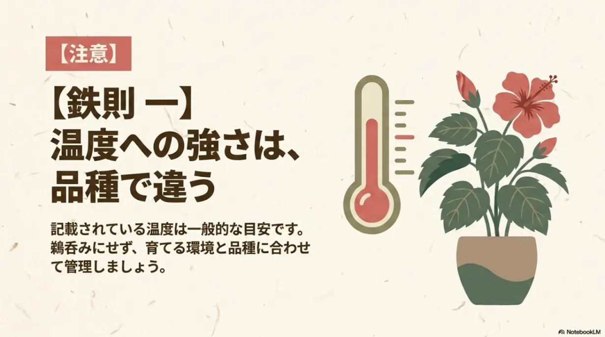 鉄則一、温度への強さは品種で違う。記載されている温度は一般的な目安であり、環境と品種に合わせて管理するという注意書きのスライド