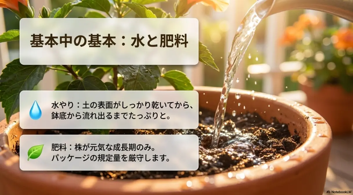 ハイビスカスの水と肥料の基本。水やりは土が乾いてからたっぷりと、肥料は成長期に規定量を厳守します。