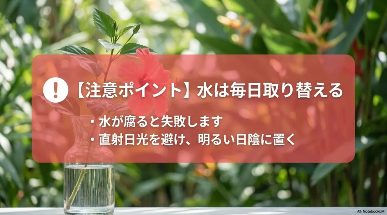 水挿しの水は毎日取り替え、直射日光を避け明るい日陰に置く注意点