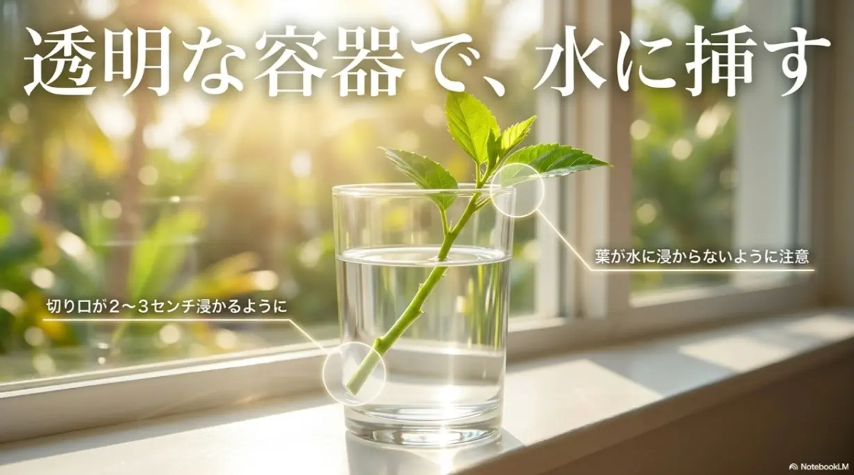 透明な容器にハイビスカスの枝を入れ、切り口を2から3センチ水に浸す様子