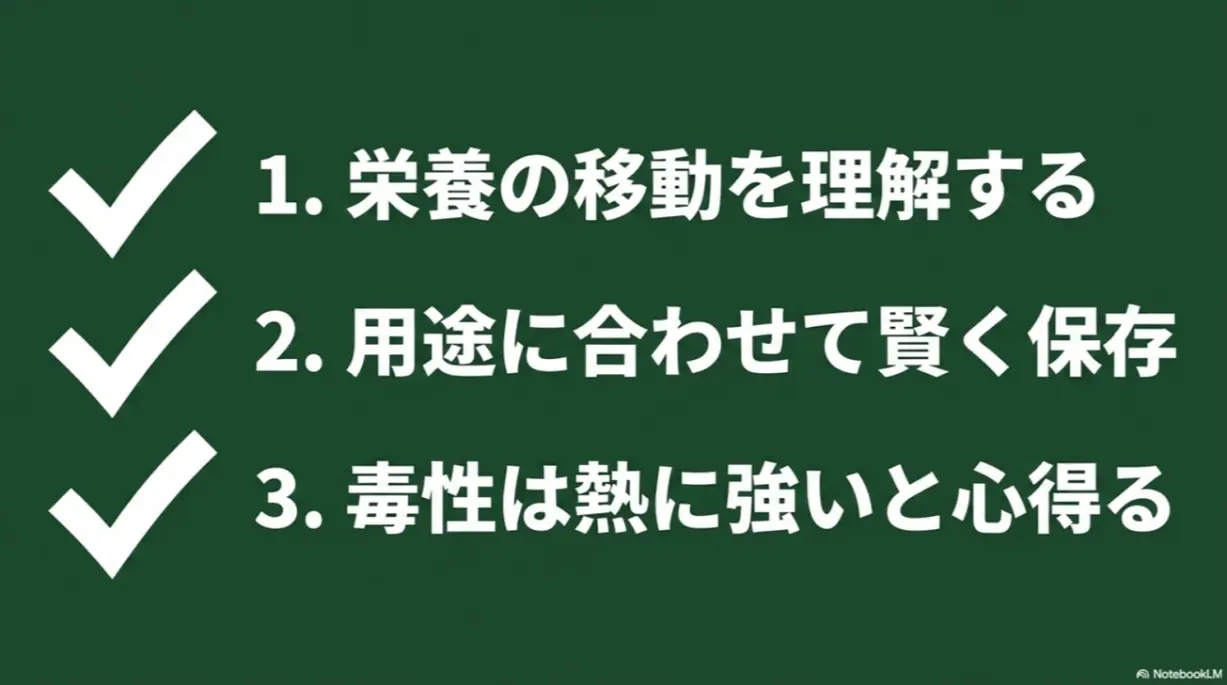 ネギ坊主が出た時のまとめ。1.栄養の移動を理解する、2.用途に合わせて賢く保存、3.毒性は熱に強いと心得る