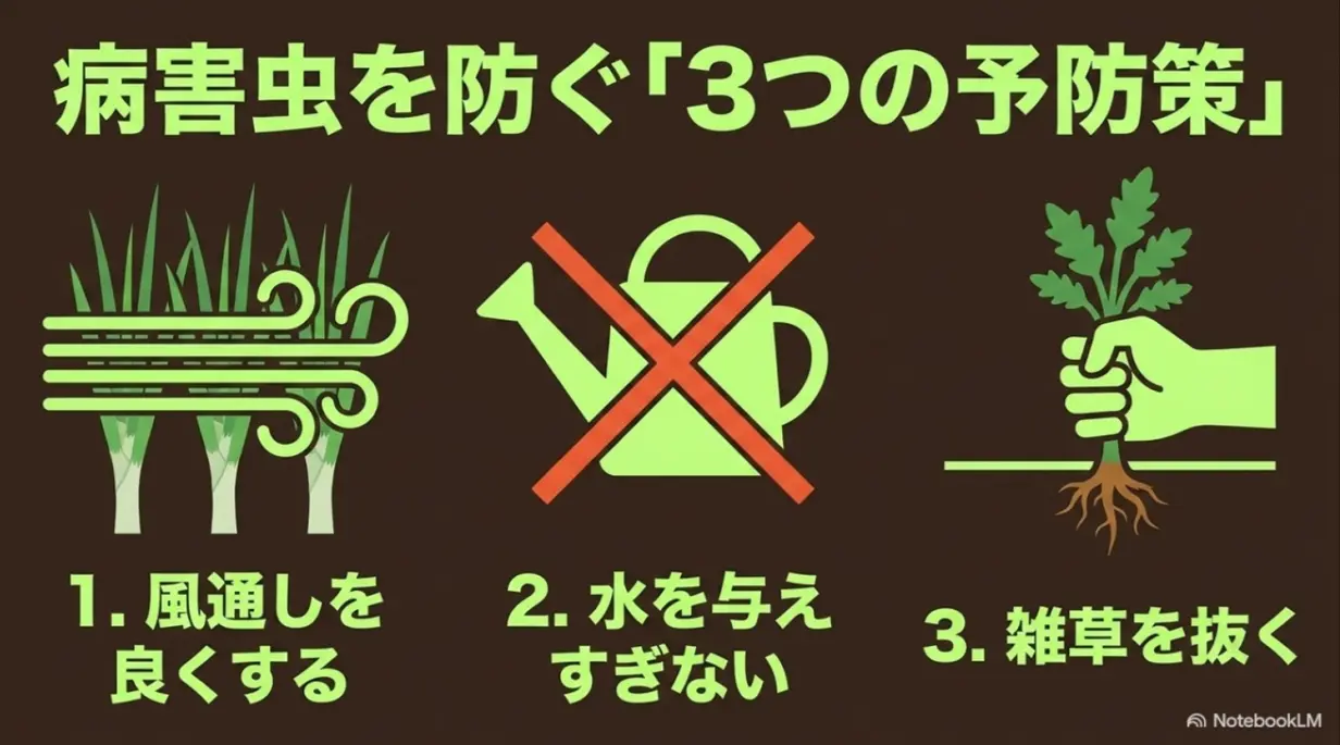 病害虫を防ぐ3つの予防策：風通しを良くする、水を与えすぎない、雑草を抜く