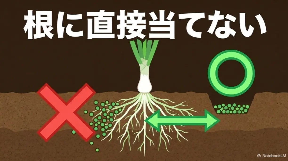 肥料を根に直接当てないように注意する