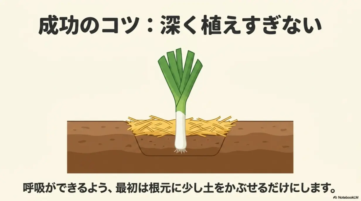 成功のコツ:深く植えすぎない。呼吸ができるよう、最初は根元に少し土をかぶせるだけにします