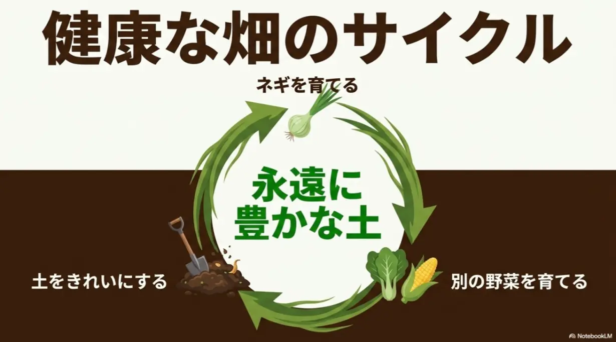 ネギを育てる、土をきれいにする、別の野菜を育てるという健康な畑のサイクル