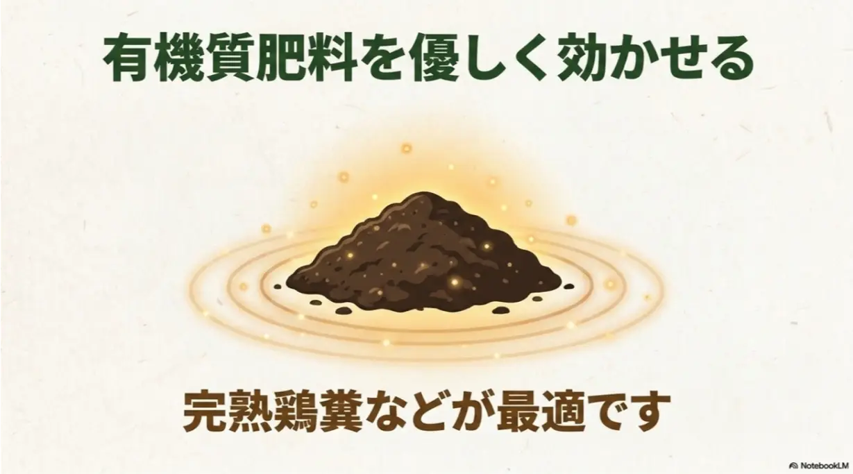 ネギの栽培に最適な完熟鶏糞などの有機質肥料のイメージ