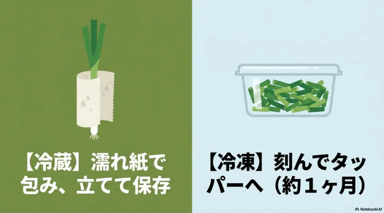 余ったネギの保存方法。冷蔵は濡れ紙で包み立てて保存、冷凍は刻んでタッパーへ