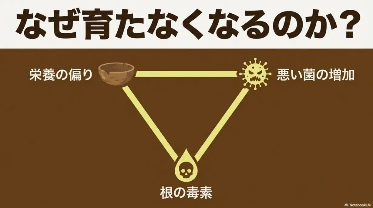 ネギが育たなくなる原因である栄養の偏り、悪い菌の増加、根の毒素の解説