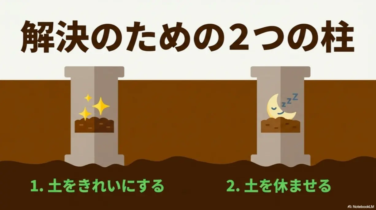 連作障害を解決するための2つの柱である、土をきれいにすることと土を休ませること
