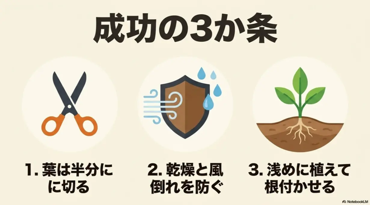 成功の3か条。1.葉は半分に切る 2.乾燥と風倒れを防ぐ 3.浅めに植えて根付かせる