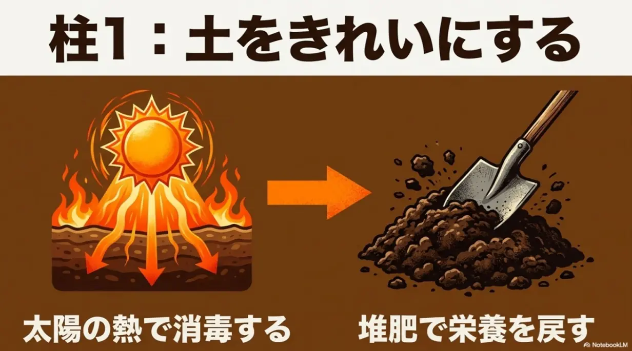 太陽の熱で消毒し、堆肥で栄養を戻して土をきれいにする方法