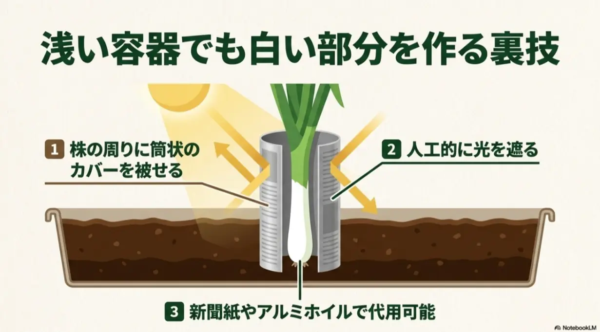 浅いプランターでも株の周りに筒状の遮光カバーを被せて人工的にネギの白い部分を作る裏技