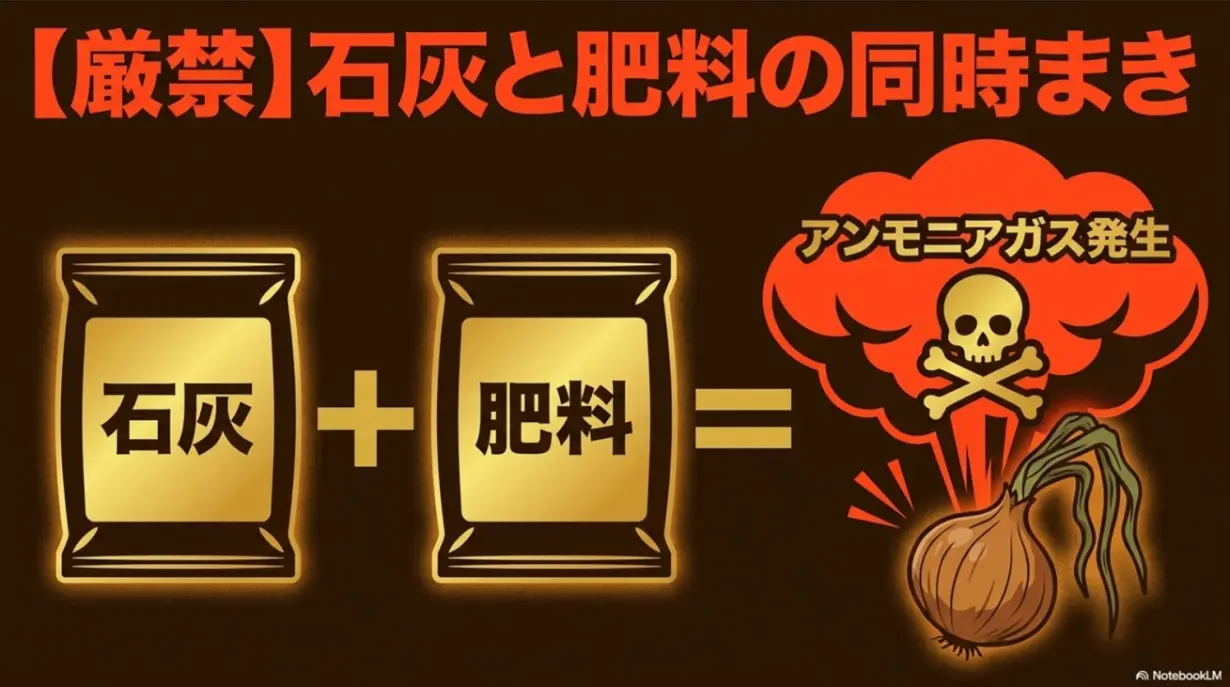 石灰と肥料を同時にまくと化学反応により有毒なアンモニアガスが発生するという図解