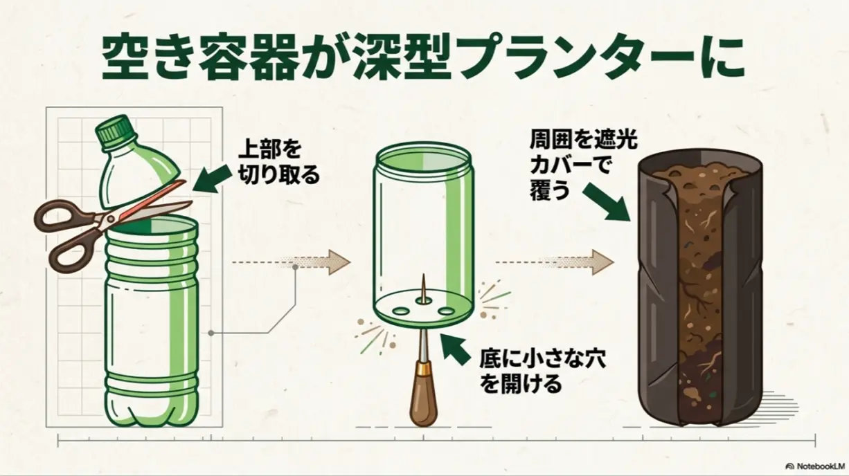 ペットボトルの上部を切り取り遮光カバーで覆って作る手作り深型プランターの構造