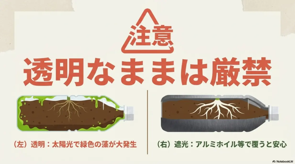 ペットボトルプランターは透明なままだと藻が大発生するためアルミホイル等で遮光する必要があるという注意点