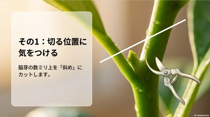 剪定時は脇芽の数ミリ上を斜めにカットする