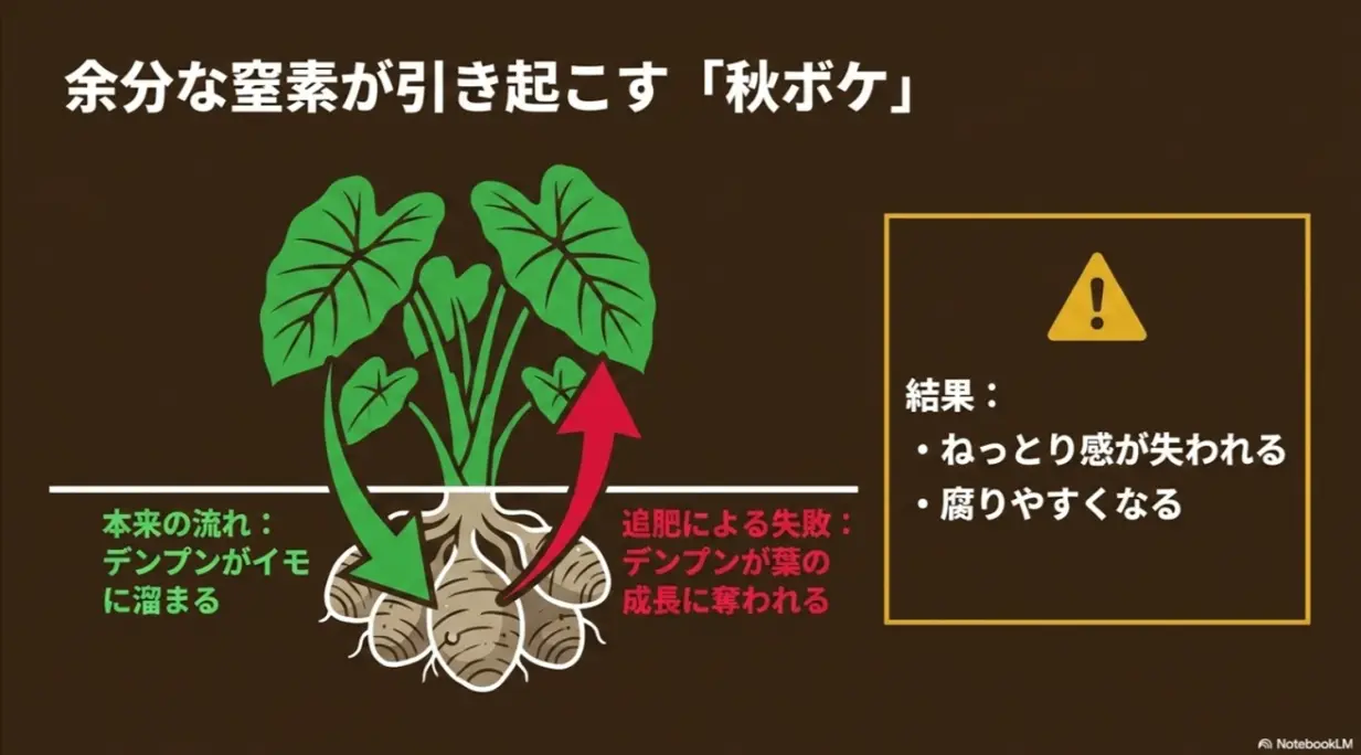 余分な窒素が引き起こす「秋ボケ」。デンプンがイモに溜まる本来の流れに対し、追肥による失敗でデンプンが葉の成長に奪われ、ねっとり感が失われたり腐りやすくなったりする結果になると書かれた解説スライド画像