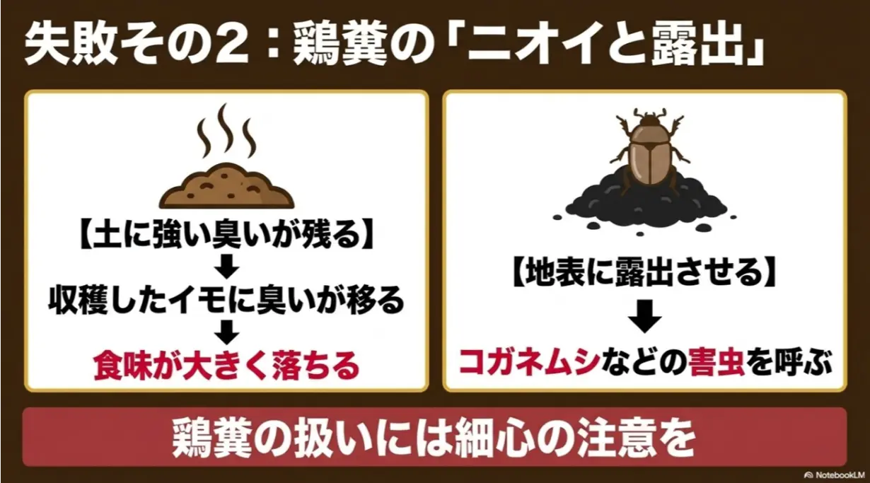 失敗その2：鶏糞の「ニオイと露出」。土に強い臭いが残ると収穫したイモに臭いが移る。地表に露出させるとコガネムシなどの害虫を呼ぶため、鶏糞の扱いには細心の注意が必要と書かれた解説スライド画像