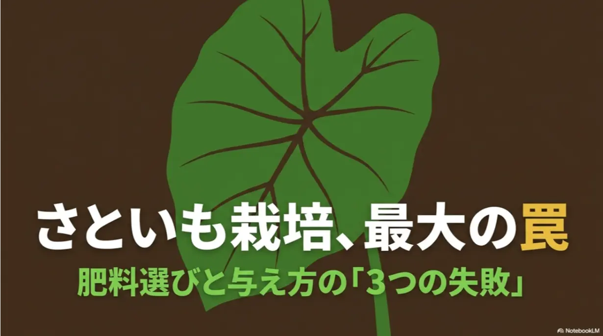 さといも栽培、最大の罠。肥料選びと与え方の「3つの失敗」と書かれたタイトルスライド画像