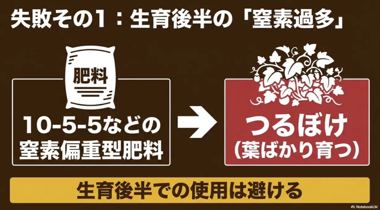 失敗その1：生育後半の「窒素過多」。10-5-5などの窒素偏重型肥料を使うと、つるぼけ（葉ばかり育つ）になるため生育後半での使用は避けること、と書かれた解説スライド画像