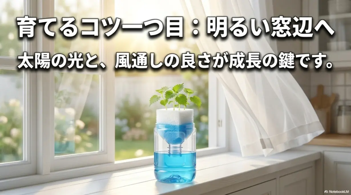 育てるコツ一つ目: 明るい窓辺へ。太陽の光と、風通しの良さが成長の鍵です。