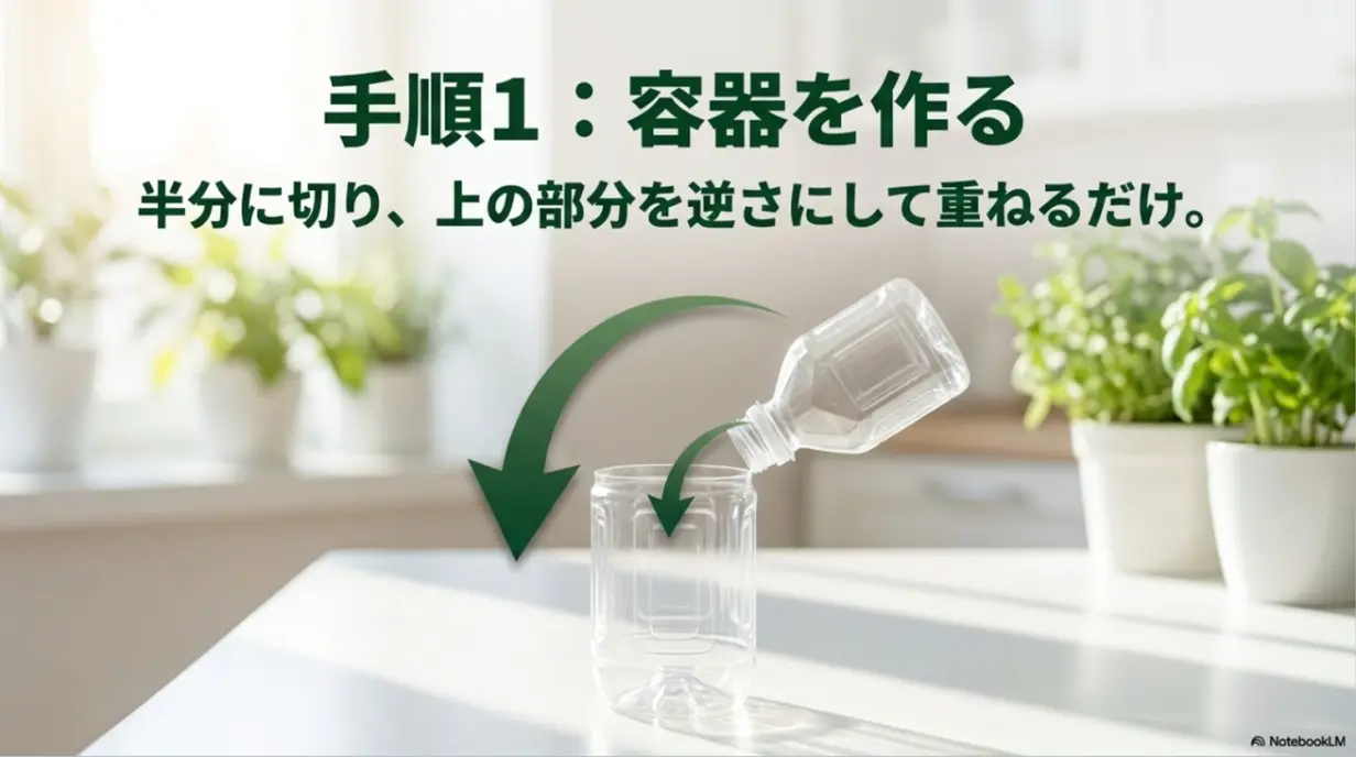 手順1 容器を作る。ペットボトルを半分に切り、上の部分を逆さにして重ねるだけ。