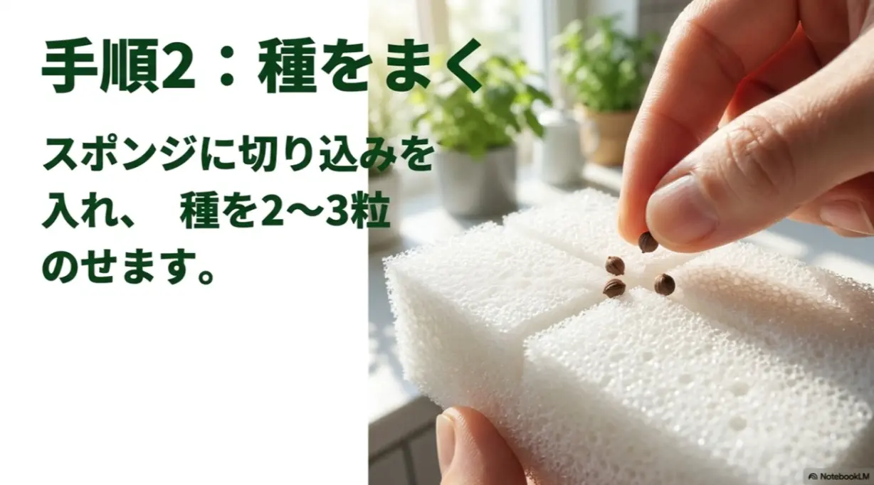 手順2 種をまく。スポンジに切り込みを入れ、種を2〜3粒のせます。