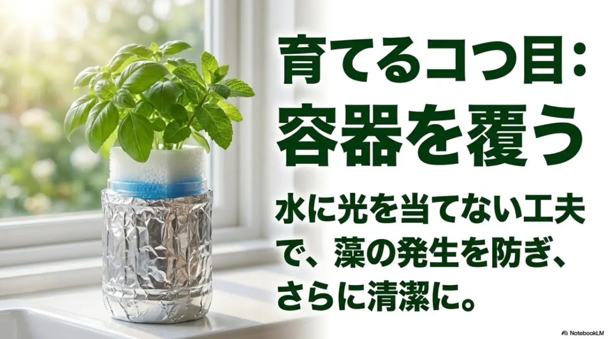 育てるコツ二つ目: 容器を覆う。水に光を当てない工夫で、藻の発生を防ぎ、さらに清潔に。