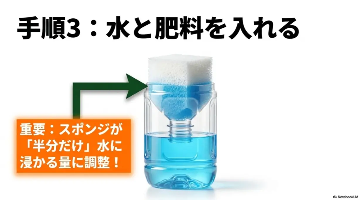 手順3 水と肥料を入れる。重要:スポンジが「半分だけ」水に浸かる量に調整!