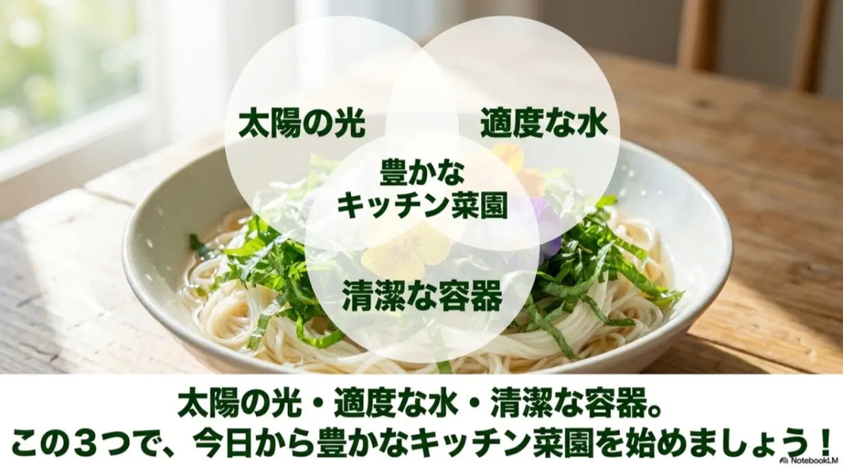 太陽の光、適度な水、清潔な容器。この3つで、今日から豊かなキッチン菜園を始めましょう!