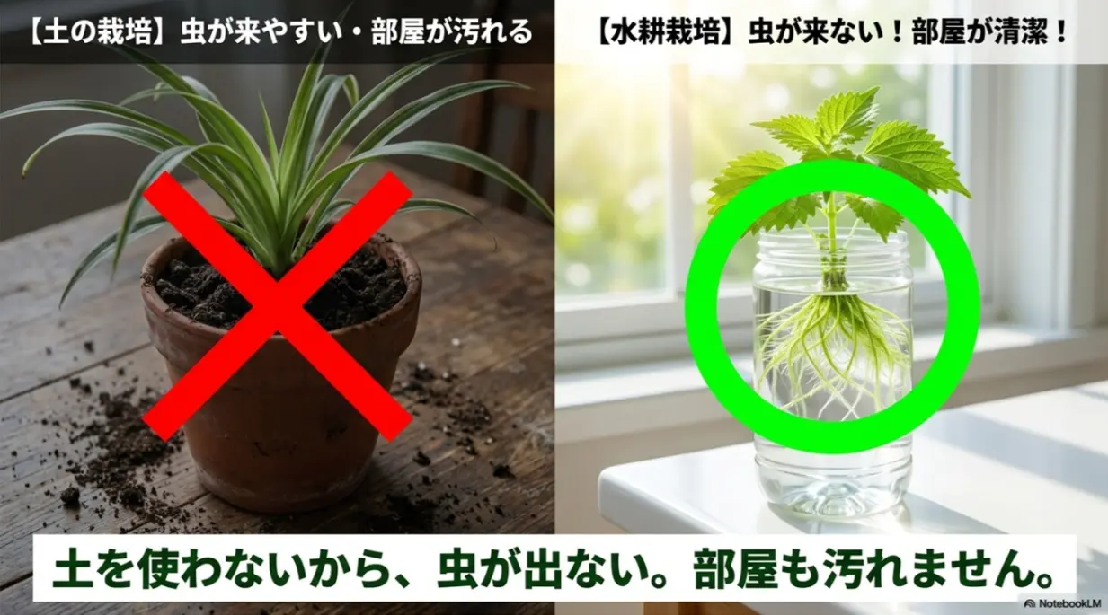 土を使わない水耕栽培は虫が来ず部屋が清潔に保てるメリット